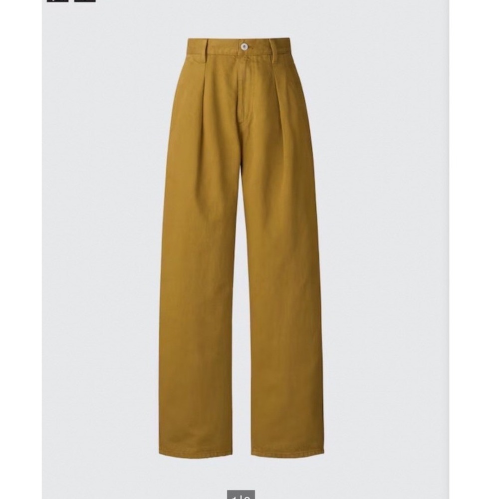Uniqlo Denim Pleated Pants Mustard 26 Wide Leg Baggy Neutral Casual Streatwear